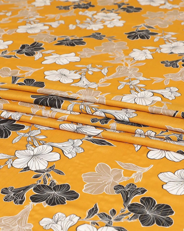 Mustard yellow Italian viscose fabric with black, pale brown and off white print having golden metallic lurex stripe in floral design-D7904 Regal Fabrics