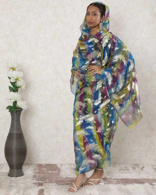 Multicolor Premium pure silk chiffon thobe with gold metallic lurex in floral design-D14350 Regal Fabrics