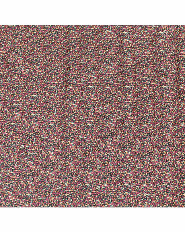 Black 100% Swiss cotton lawn fabric with magenta pink, peach and turquoise green print in floral design-D10103