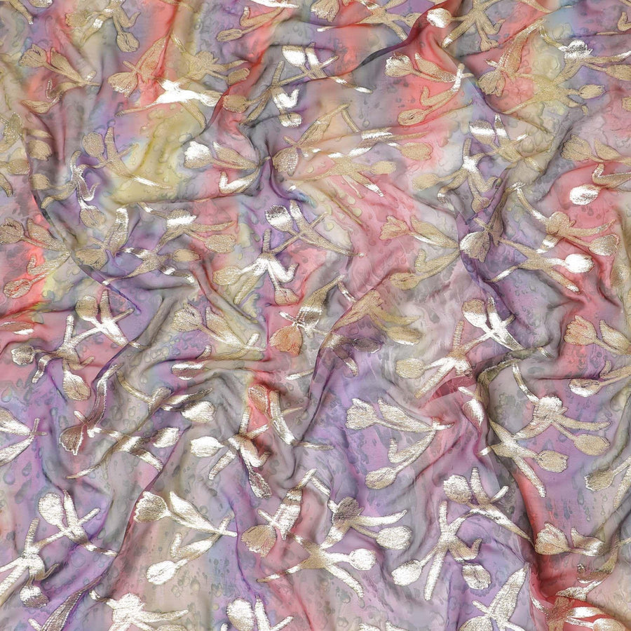 Multicolor premium hand printed pure silk chiffon fabric with gold metallic lurex in floral design-D9410