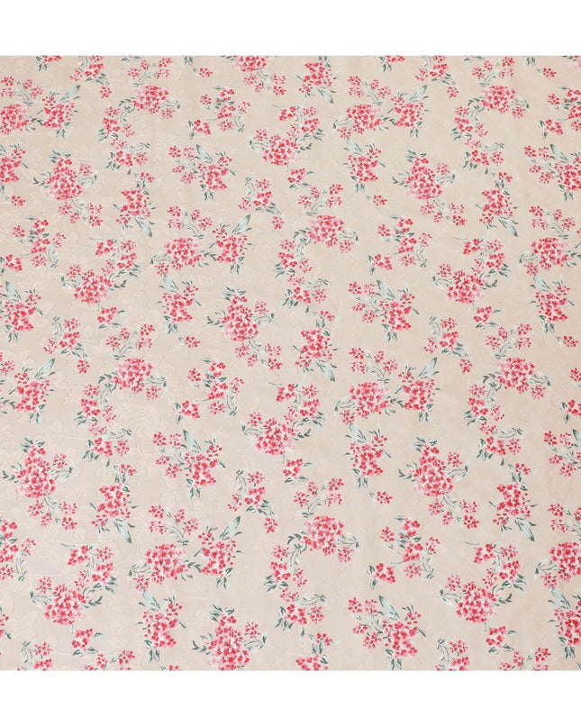 قماش الفوال القطني Latte Beige uragiri مع نفس لون الجاكار مع طباعة باللون الأحمر القرمزي والأخضر الزيتوني والأبيض الفاتح بتصميم الأزهار-D14316