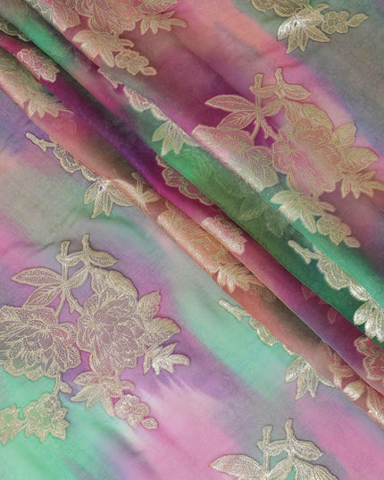 Multicolor premium pure handprinted silk chiffon fabric with gold metallic lurex in fancy design-D10417