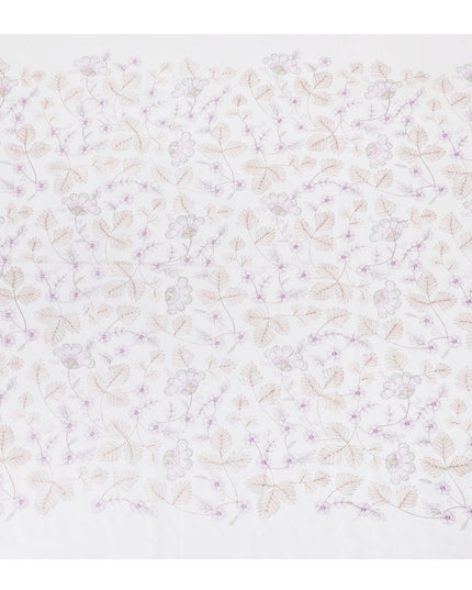 قماش فوال من القطن الخالص الأبيض الفاخر مع تطريز باللون البني والخزامى بتصميم الأزهار-D15231