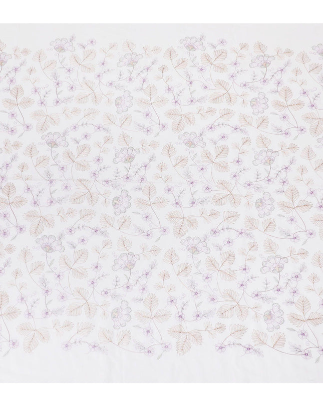 قماش فوال من القطن الخالص الأبيض الفاخر مع تطريز باللون البني والخزامى بتصميم الأزهار-D15231
