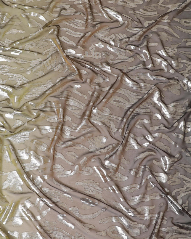 قماش شيفون حريري فرنسي (فرنساوي) أخضر زيتوني، أصفر، بني فاخر مع لوركس معدني فضي بتصميم فاخر-D8272
