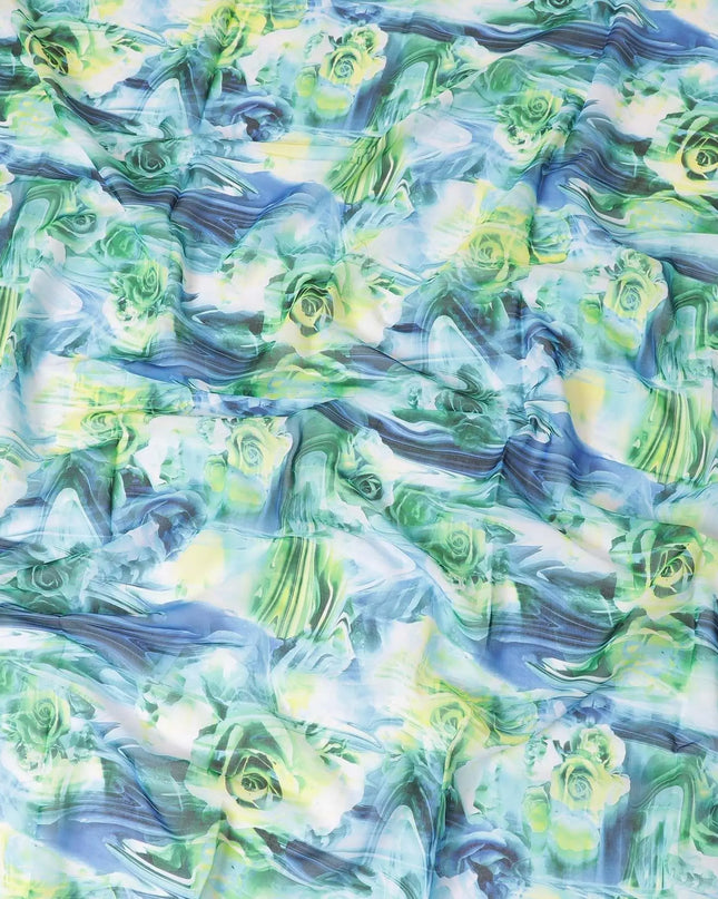 White Swiss 100% cotton voile fabric blue, neon green, baby blue and bottle green print in floral design-D7197 Regal Fabrics