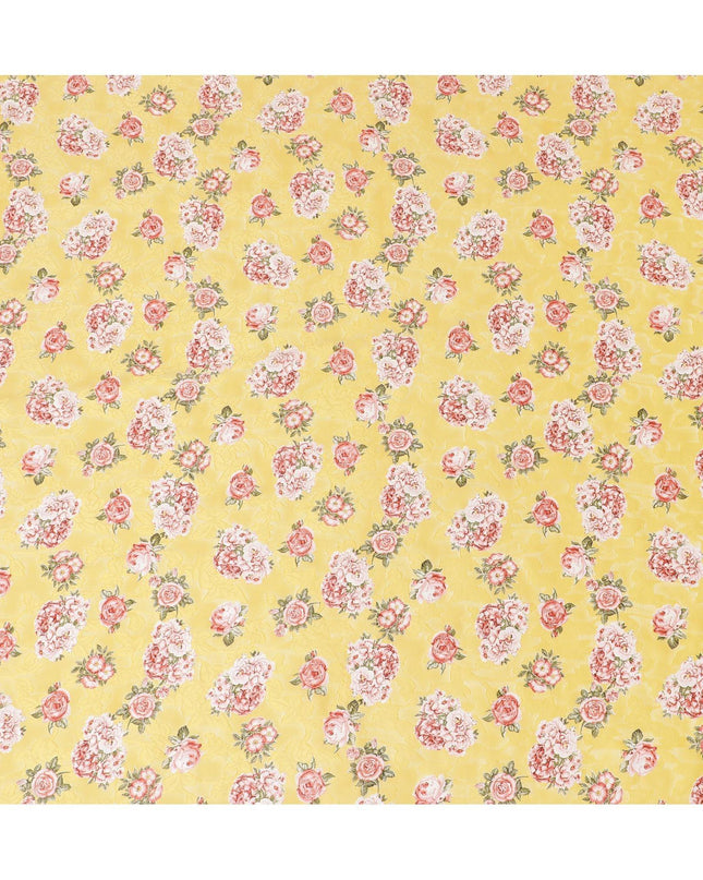 Cyber yellow uragiri cotton voile fabric with same tone jacquard having multicolor print in floral design-D10050