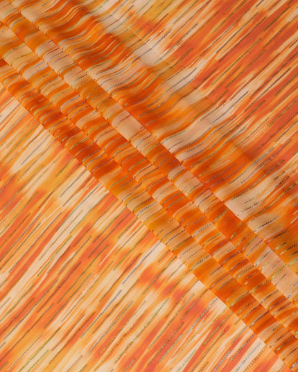 قماش شيفون من الحرير الخالص باللون البرتقالي مع لوريكس معدني ذهبي وفضي بتصميم مخطط -D13978