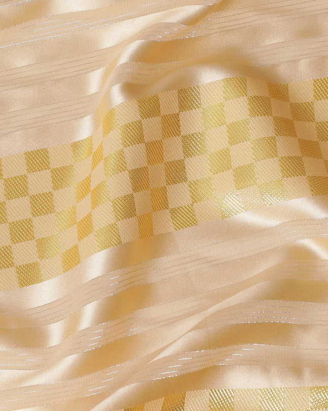 Peach synthetic crepe fabric with gold metallic lurex weave in stripe design-D15379 Regal Fabrics