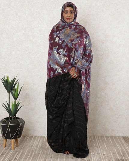 Magenta purple Premium pure French (Fransawi) silk chiffon garbasaar with blue viscose and gold metallic lurex in floral design-D11579 Regal Fabrics