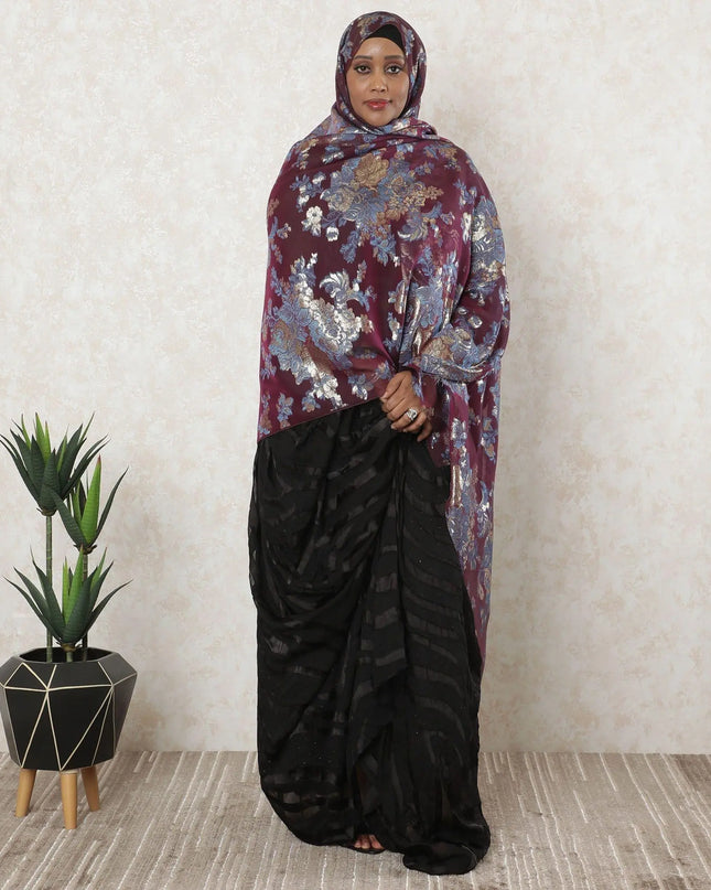 Magenta purple Premium pure French (Fransawi) silk chiffon garbasaar with blue viscose and gold metallic lurex in floral design-D11579 Regal Fabrics