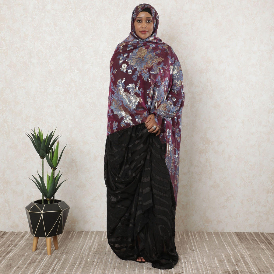 Magenta purple Premium pure French (Fransawi) silk chiffon garbasaar with blue viscose and gold metallic lurex in floral design-D11579 Regal Fabrics