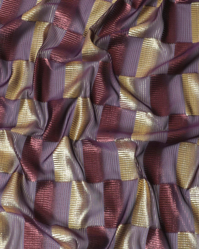 قماش شيفون من الحرير الخالص باللون الأرجواني مع لوريكس معدني ذهبي ونحاسي بتصميم مربعات -D11494