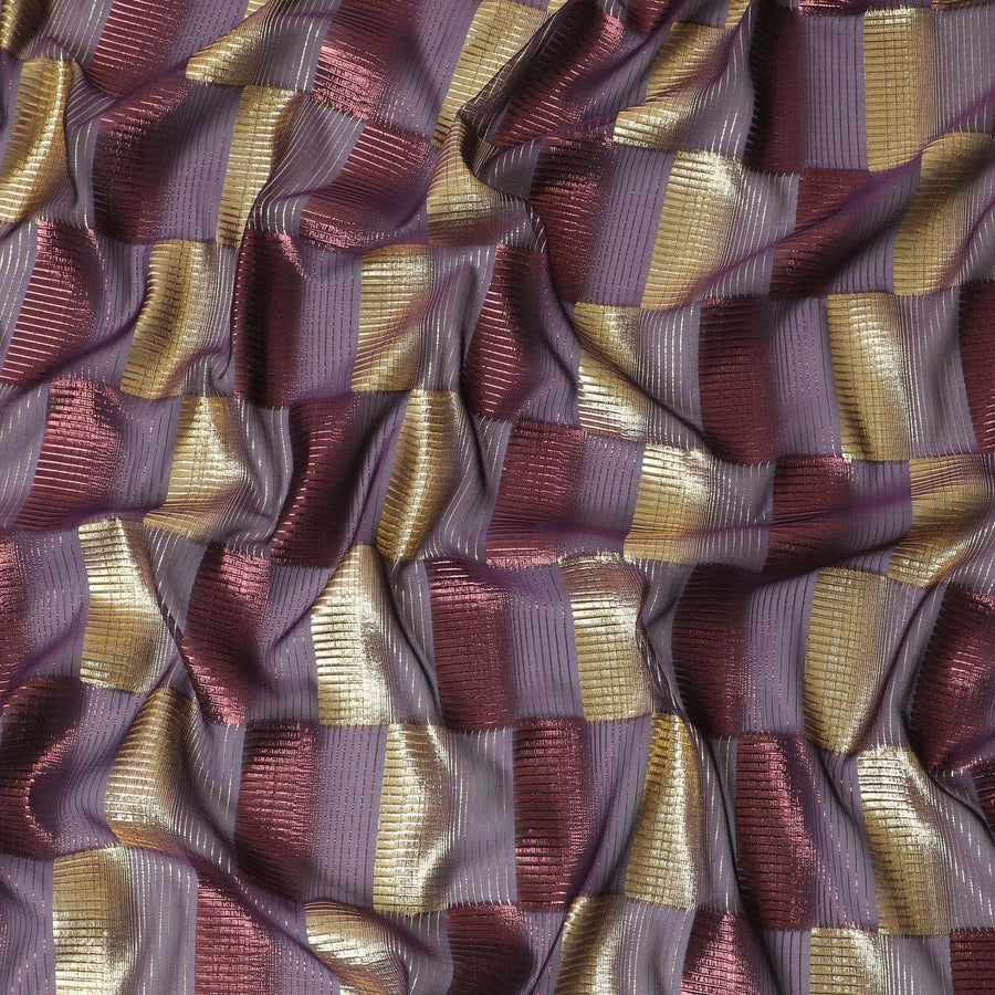 قماش شيفون من الحرير الخالص باللون الأرجواني مع لوريكس معدني ذهبي ونحاسي بتصميم مربعات -D11494