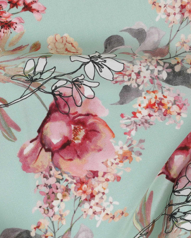 Light turquoise green viscose fabric with multicolor print in floral design-D12265