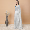 Pearl river grey, Silver Premium metallic French chantilly lace saree having stone work in floral design-D8763S