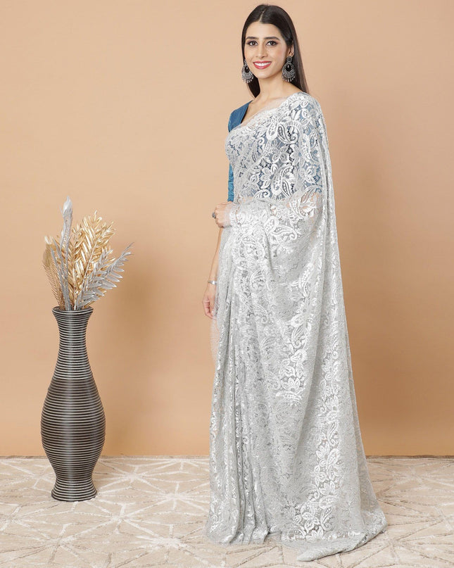 Pearl river grey, Silver Premium metallic French chantilly lace saree having stone work in floral design-D8763S