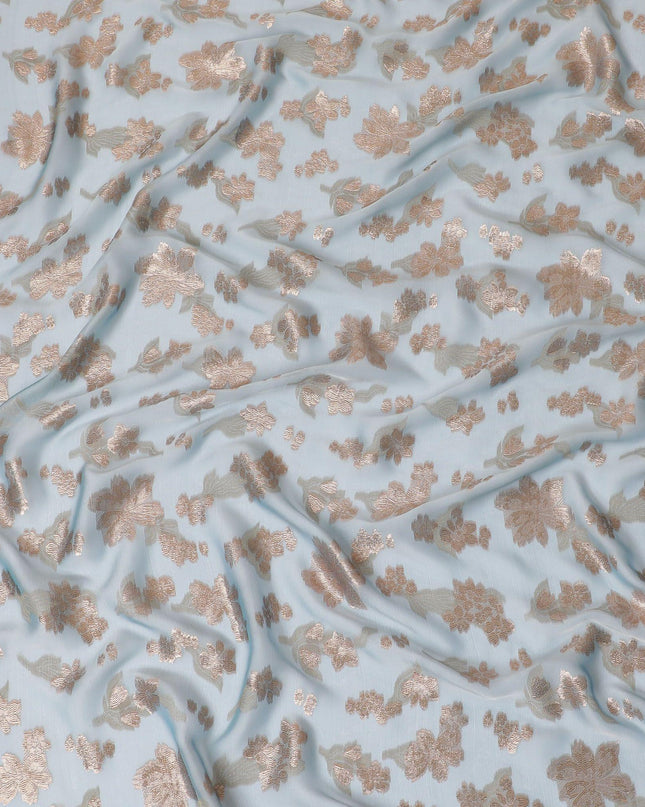 Baby blue Premium pure French (Fransawi) silk chiffon fabric with beige viscose and copper gold metallic lurex in floral design-D14280