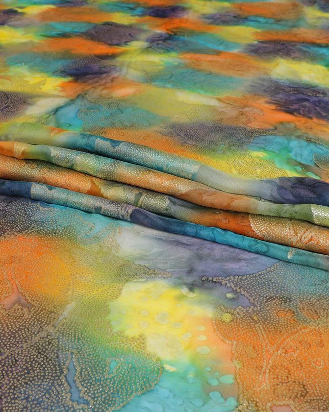 قماش شيفون حريري نقي فاخر متعدد الألوان مع لوريكس معدني ذهبي بتصميم زهور-D9279