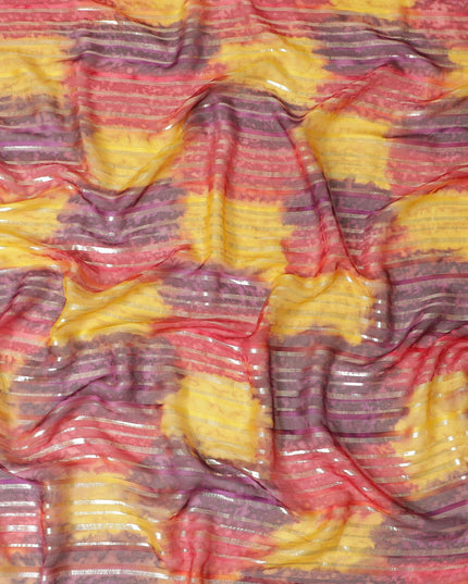 Multicolor premium pure silk chiffon garbasaar with gold metallic lurex in stripe design-D11553 Regal Fabrics