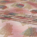 Sand brown synthetic chiffon fabric with same tone, copper and olive green print having gold metallic lurex in Leaf design-D7009 Regal Fabrics