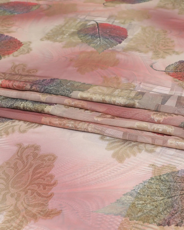 Sand brown synthetic chiffon fabric with same tone, copper and olive green print having gold metallic lurex in Leaf design-D7009 Regal Fabrics