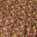 Marron tussar silk fabric with parrot green, light mustard, mint green and ruby pink print in floral design-D6141