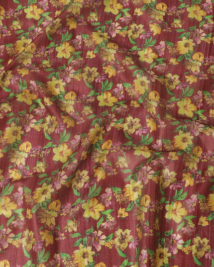 Marron tussar silk fabric with parrot green, light mustard, mint green and ruby pink print in floral design-D6141