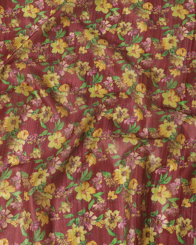 Marron tussar silk fabric with parrot green, light mustard, mint green and ruby pink print in floral design-D6141