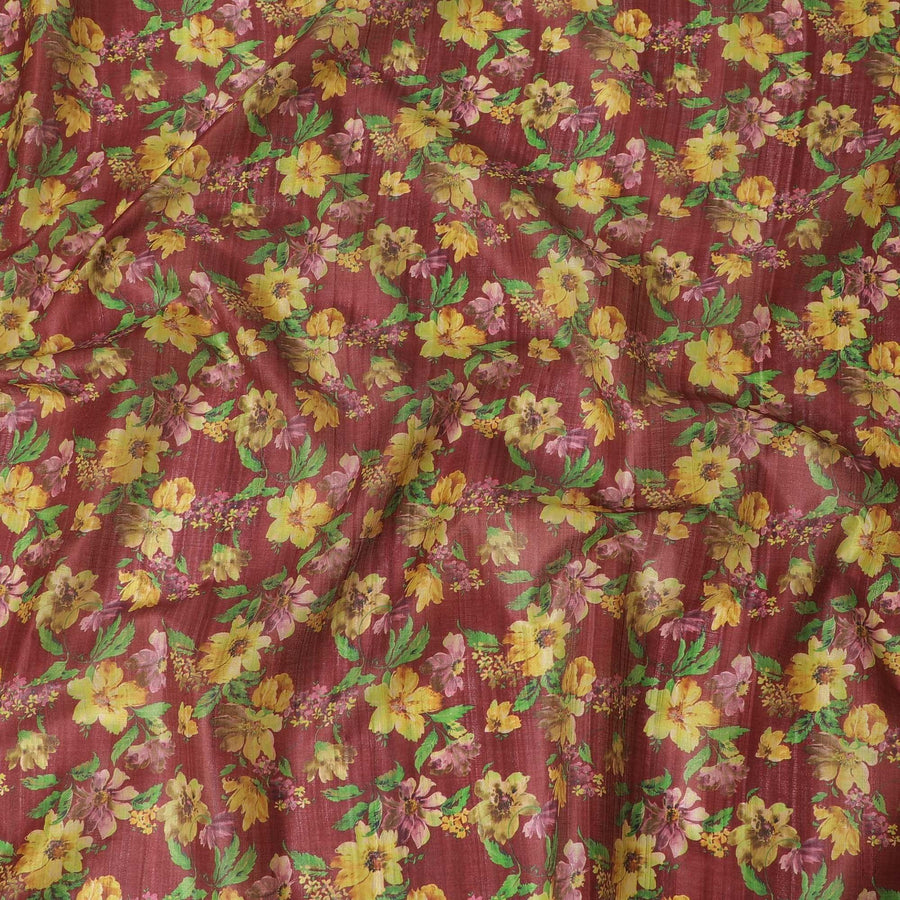 Marron tussar silk fabric with parrot green, light mustard, mint green and ruby pink print in floral design-D6141