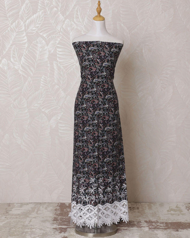 Black blended cotton fabric with multicolor print having white border guipure embroidery and stone work in fancy design-D14720