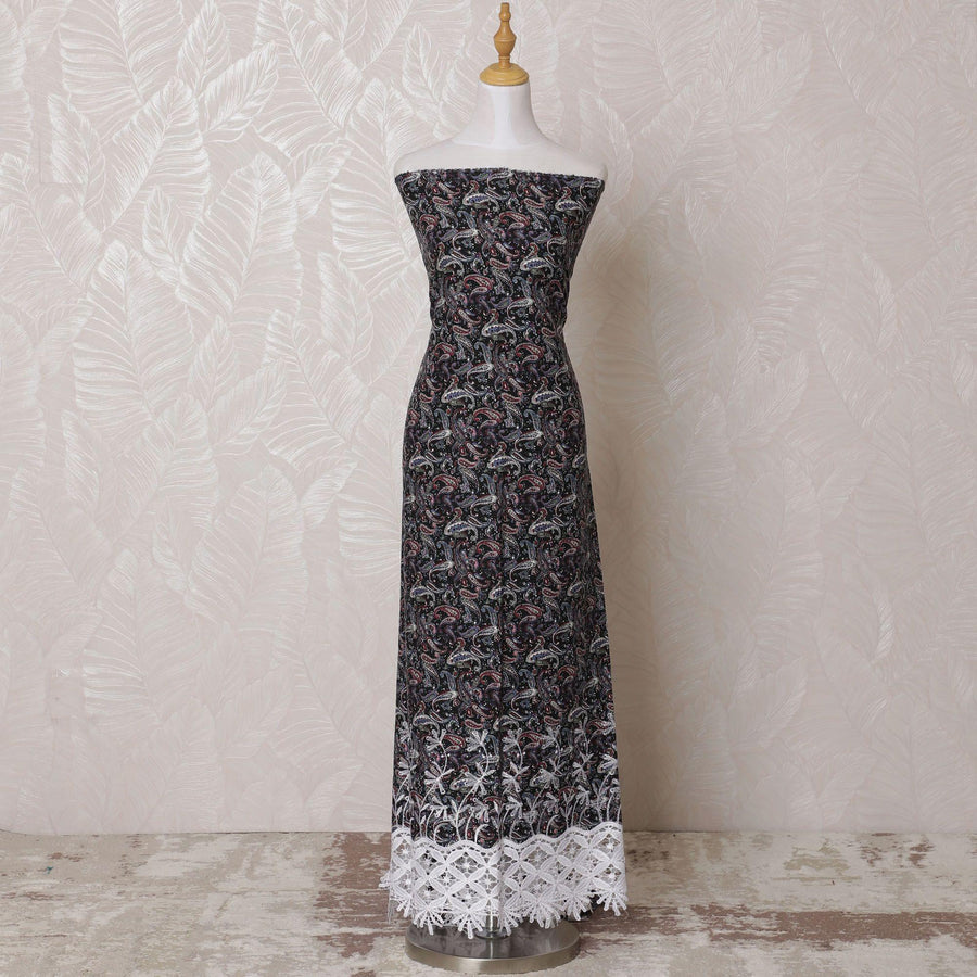 Black blended cotton fabric with multicolor print having white border guipure embroidery and stone work in fancy design-D14720