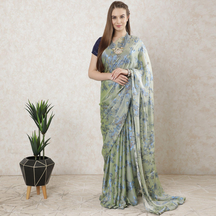 ساري شيفون من الحرير الفرنسي الخالص الفاخر باللون الأخضر المستنقع مع لوريكس معدني باللون الأزرق الملكي والبني النحاسي بتصميم الأزهار-D10203