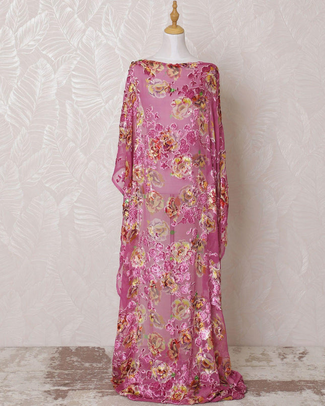 Baby pink Premium pure silk blended velvet makmal dirac fabric with multicolor print and same tone metallic lurex in floral design-D15123