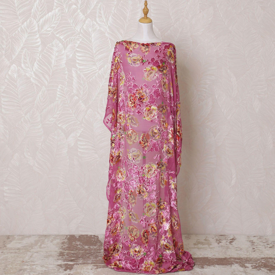 Baby pink Premium pure silk blended velvet makmal dirac fabric with multicolor print and same tone metallic lurex in floral design-D15123