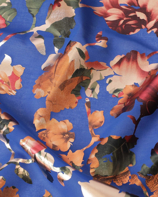 Royal blue cotton voile fabric with multicolor metallic foil print in floral design-D9778 Regal Fabrics