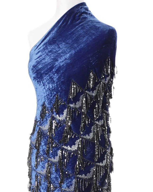Royal blue silk blended velvet fabric with black embroidery having black and silver sequins in fancy design-D6085 Regal Fabrics