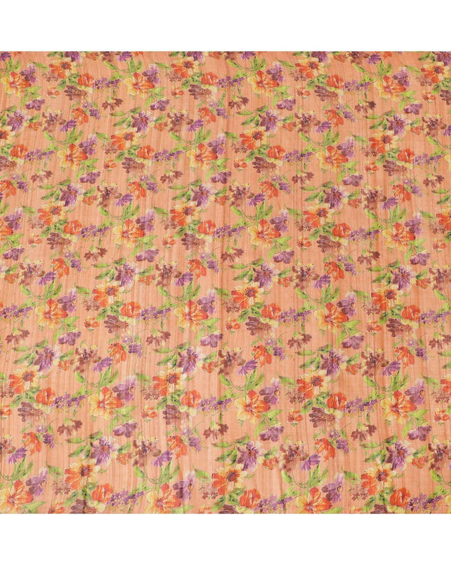 Blaze orange tussar silk fabric with lime green, dark orange, blonde yellow and purple print in floral design-D6137