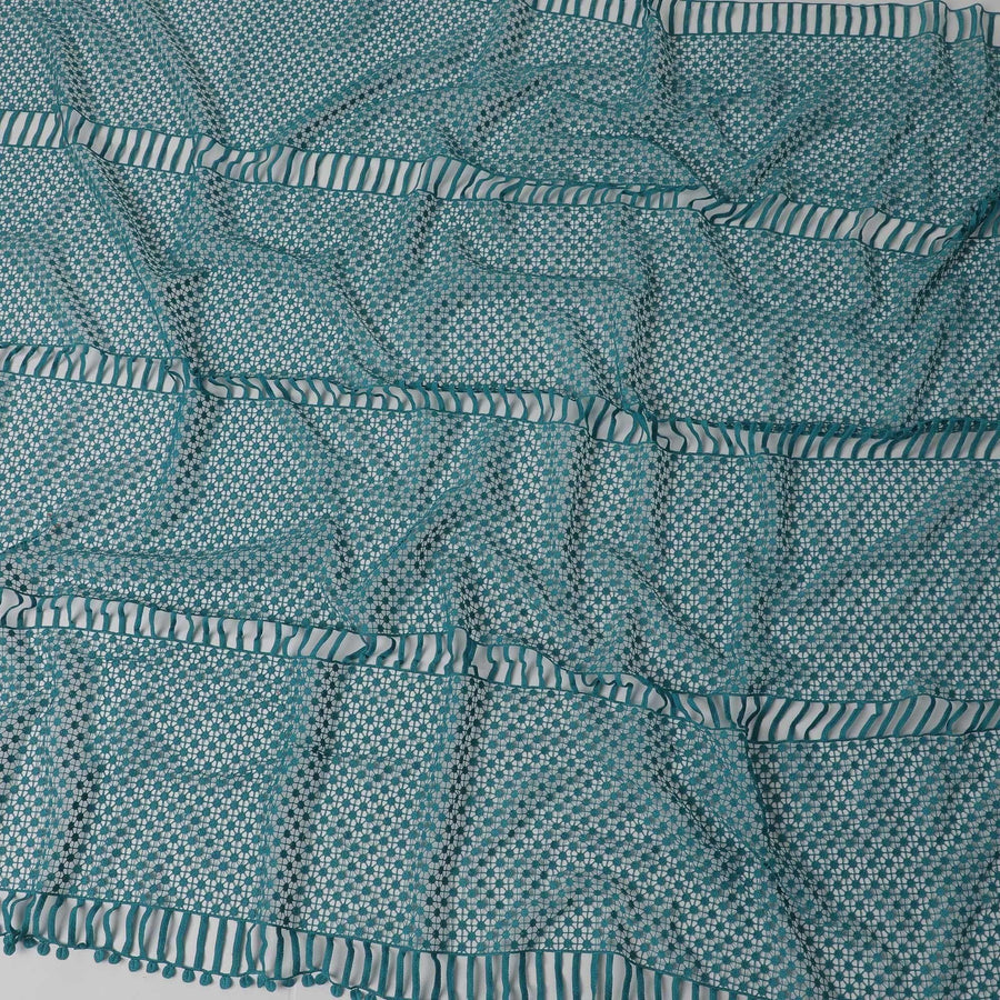 Teal blue guipure lace fabric with cut work in abstract design