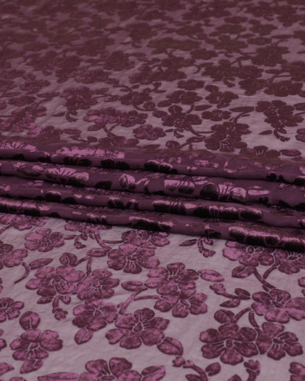Purple silk chiffon dirac (makmal) fabric with same tone and gold velvet jacquard in floral design-D8653 Regal Fabrics