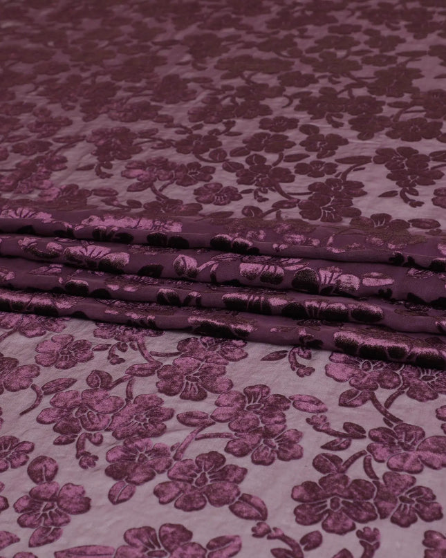 Purple silk chiffon dirac (makmal) fabric with same tone and gold velvet jacquard in floral design-D8653 Regal Fabrics