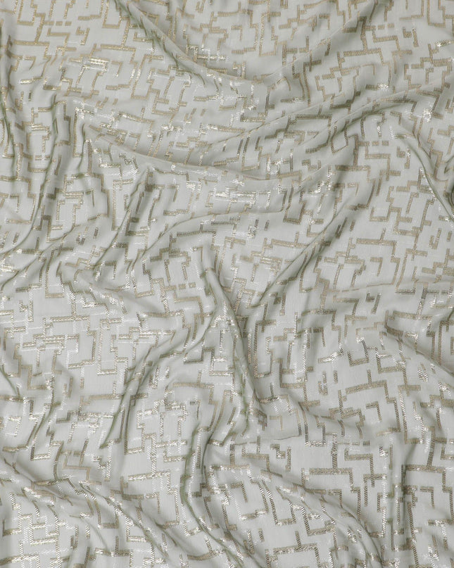 قماش شيفون حريري فرنسي (فرنساوي) فاخر باللون الأخضر الغار مع لوريكس معدني ذهبي بتصميم تجريدي-D14126