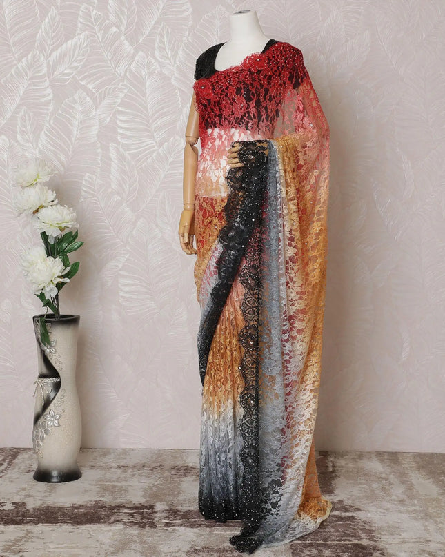 Multicolor Premium pure French chantilly saree lace having stone work in floral design-D14601 Regal Fabrics