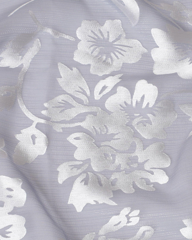 Iron grey Premim pure silk chiffon fabric with silver jacquard in floral design-D15315