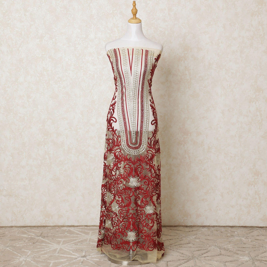 Light gold nylon tulle fabric with same tone, crimson red embroidery having stone work in floral design-D12203