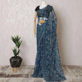 Steel blue, gold Premium pure French metallic chantilly lace saree in floral design-D15548 Regal Fabrics