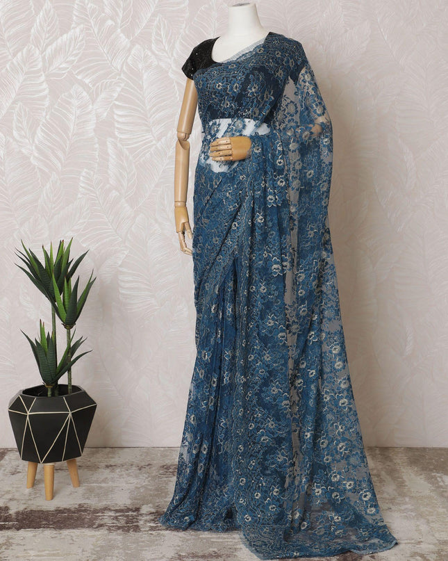Steel blue, gold Premium pure French metallic chantilly lace saree in floral design-D15548