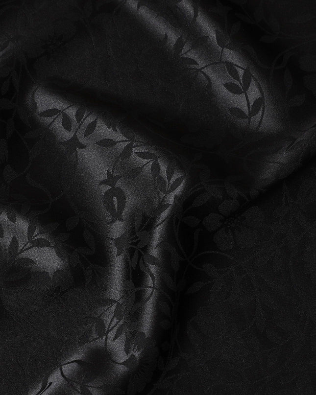 Black synthetic satin fabric with same tone jacquard in floral design-D15373