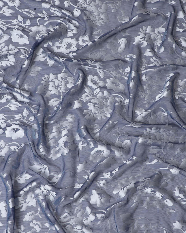 قماش شيفون من الحرير الخالص Premim باللون الأزرق الداكن مع جاكار فضي بتصميم زهور-D15321