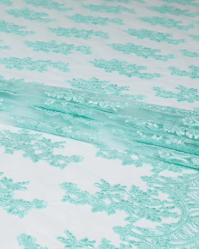 Tiffany blue nylon tulle fabric with same tone embroidery in floral design-D6684 Regal Fabrics